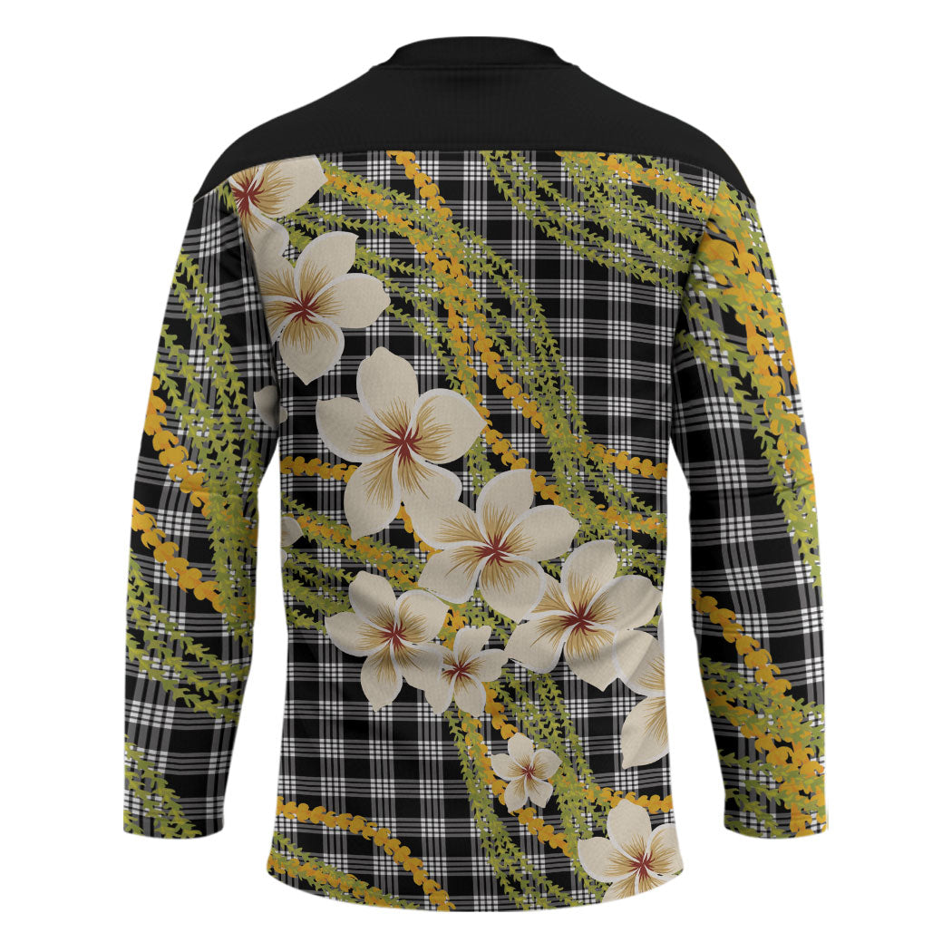 Ele'ele Hawai'i Palaka Plumeria Hockey Jersey Puakenikeni and Maile Lei