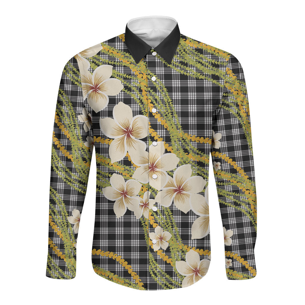 Ele'ele Hawai'i Palaka Plumeria Long Sleeve Button Shirt Puakenikeni and Maile Lei LT9 Unisex Black - Polynesian Pride