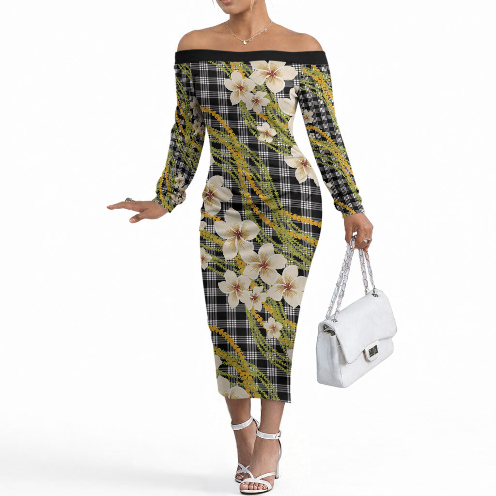 Ele'ele Hawai'i Palaka Plumeria Off The Shoulder Long Sleeve Dress Puakenikeni and Maile Lei