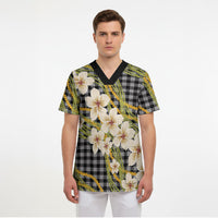 Ele'ele Hawai'i Palaka Plumeria Scrub Top Puakenikeni and Maile Lei