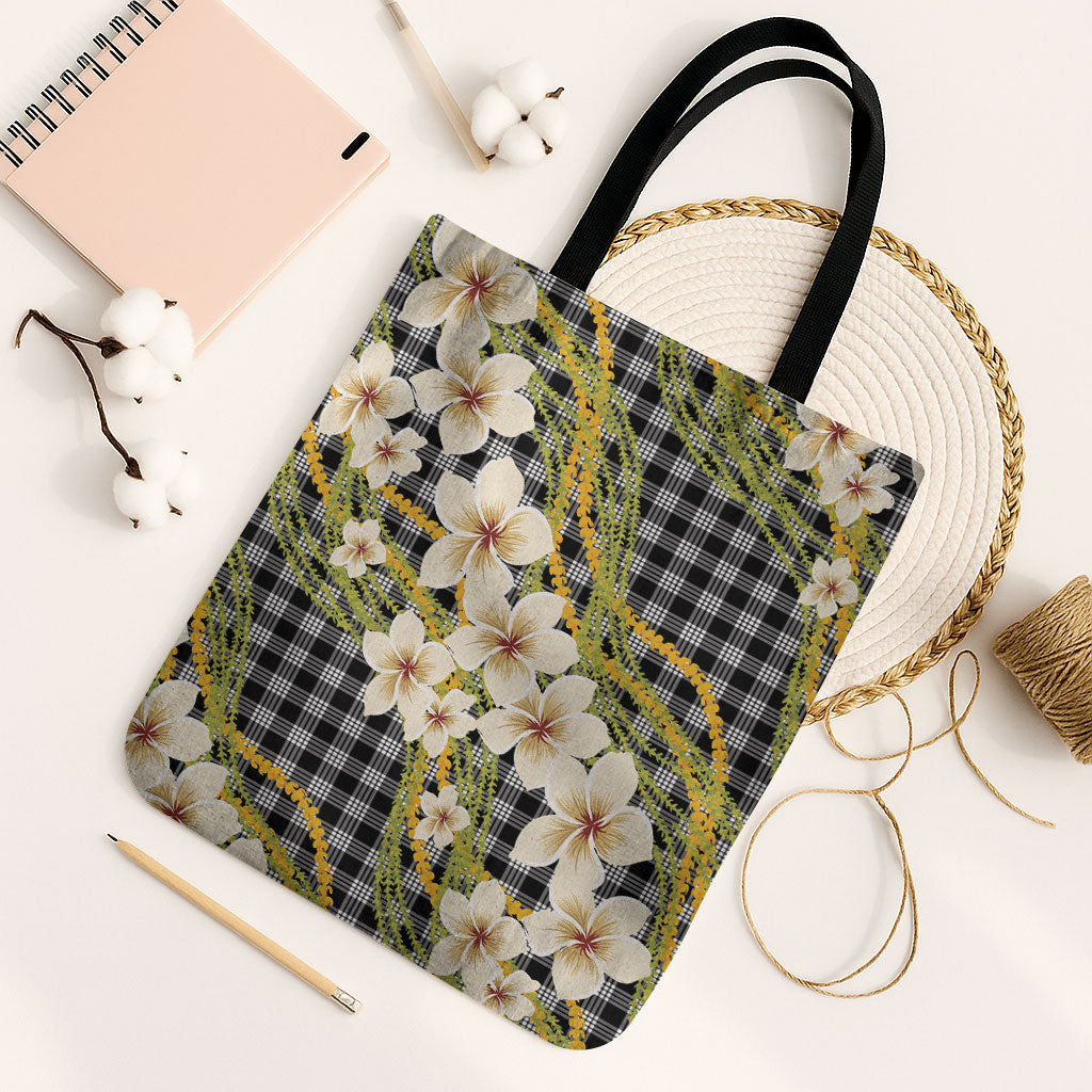 Ele'ele Hawai'i Palaka Plumeria Tote Bag Puakenikeni and Maile Lei