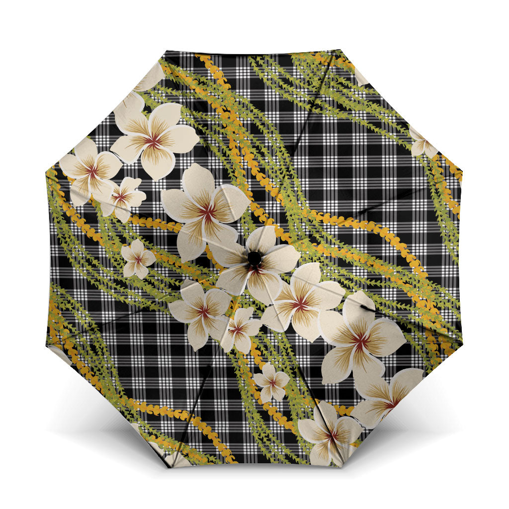 Ele'ele Hawai'i Palaka Plumeria Umbrella Puakenikeni and Maile Lei LT9 One Size Folded 11.42 inch Opened Diameter 37.4 inch Black - Polynesian Pride