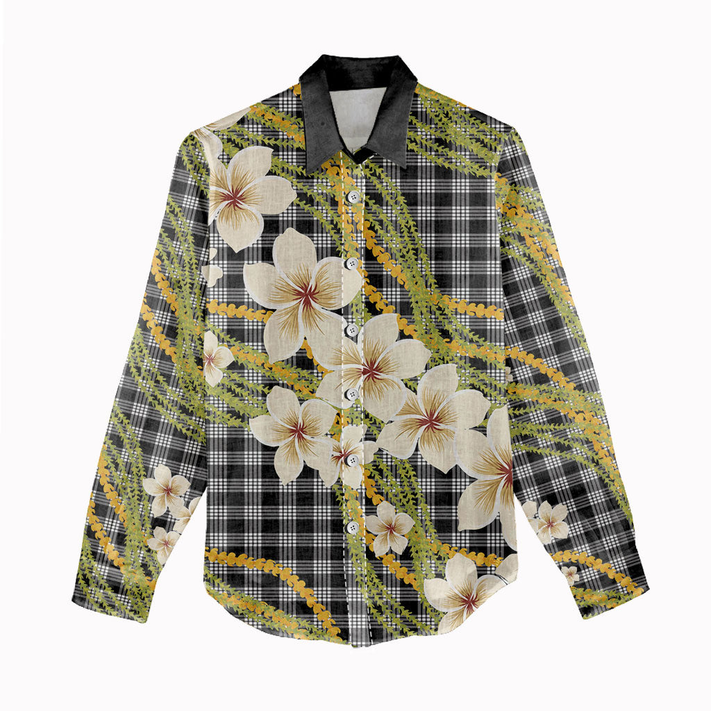 Ele'ele Hawai'i Palaka Plumeria Women Casual Shirt Puakenikeni and Maile Lei
