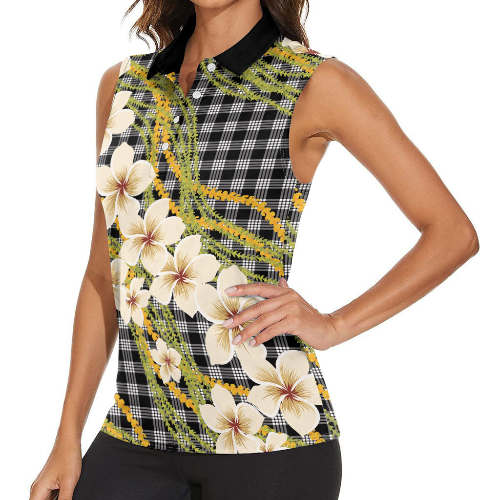 Ele'ele Hawai'i Palaka Plumeria Women Sleeveless Polo Shirt Puakenikeni and Maile Lei