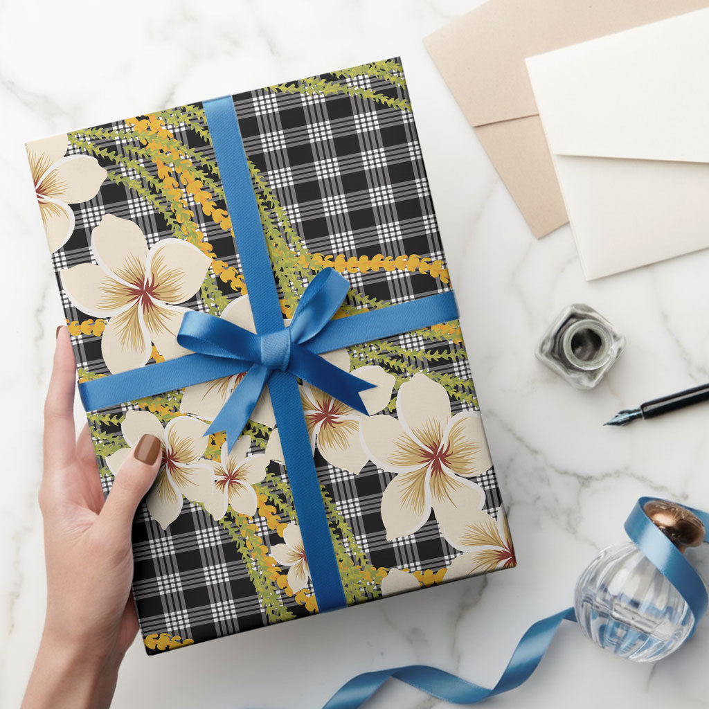 Ele'ele Hawai'i Palaka Plumeria Wrapping Paper Puakenikeni and Maile Lei