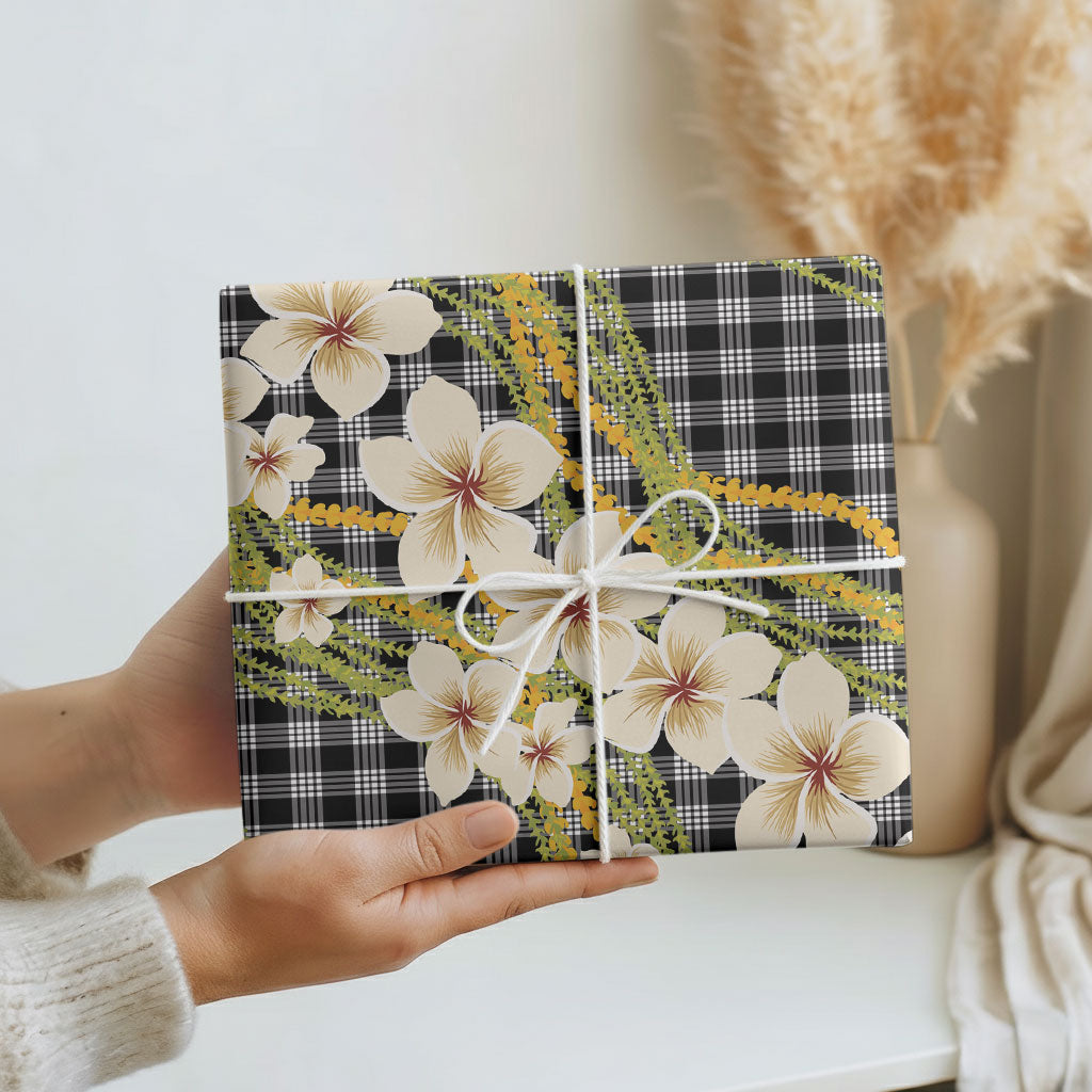 Ele'ele Hawai'i Palaka Plumeria Wrapping Paper Puakenikeni and Maile Lei