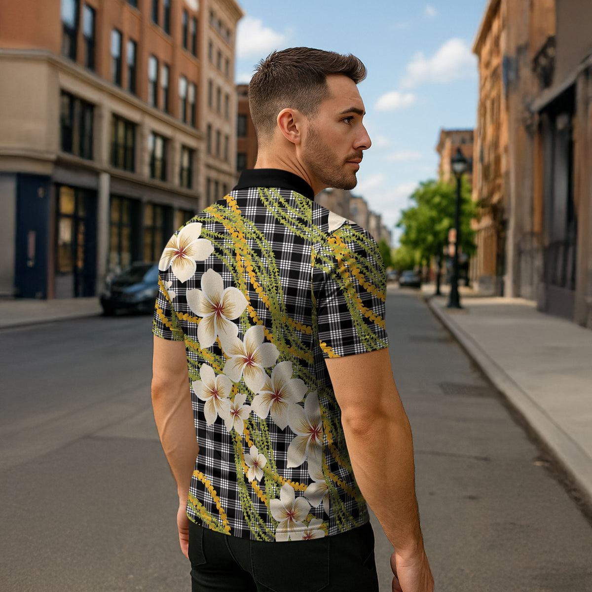 Ele'ele Hawai'i Palaka Plumeria Zipper Polo Shirt Puakenikeni and Maile Lei