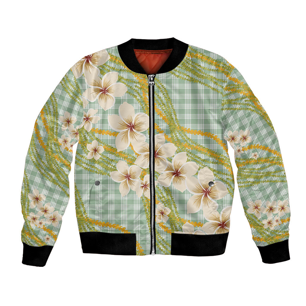 Liko Kukui Hawai'i Palaka Plumeria Bomber Jacket Puakenikeni and Maile Lei