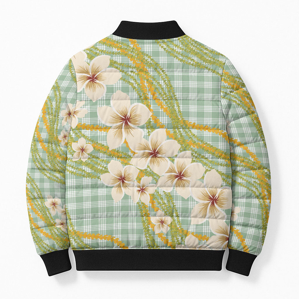 Liko Kukui Hawai'i Palaka Plumeria Bomber Puffer Jacket Puakenikeni and Maile Lei