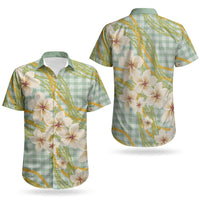 Liko Kukui Hawai'i Palaka Plumeria Couples Matching Long Sleeve Bodycon Dress and Hawaiian Shirt Puakenikeni and Maile Lei