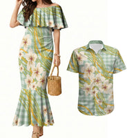 Liko Kukui Hawai'i Palaka Plumeria Couples Matching Mermaid Dress and Hawaiian Shirt Puakenikeni and Maile Lei