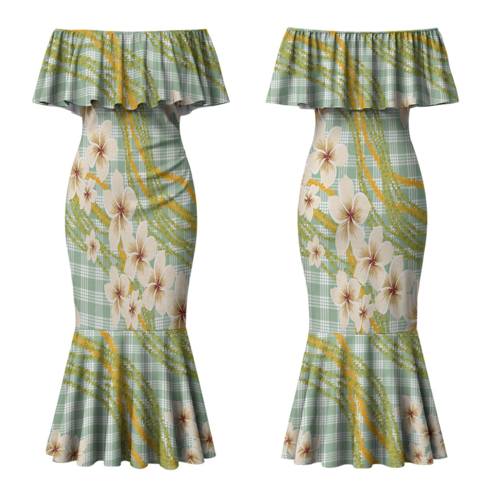 Liko Kukui Hawai'i Palaka Plumeria Couples Matching Mermaid Dress and Hawaiian Shirt Puakenikeni and Maile Lei