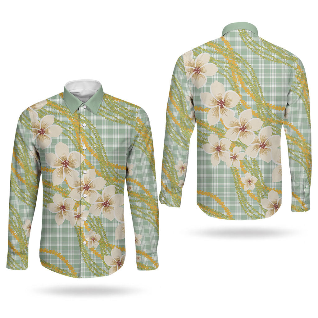 Liko Kukui Hawai'i Palaka Plumeria Couples Matching Off The Shoulder Long Sleeve Dress and Long Sleeve Button Shirt Puakenikeni and Maile Lei