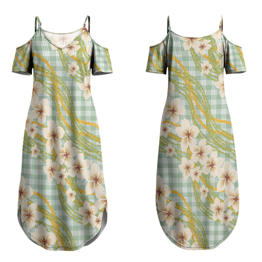 Liko Kukui Hawai'i Palaka Plumeria Couples Matching Summer Maxi Dress and Hawaiian Shirt Puakenikeni and Maile Lei