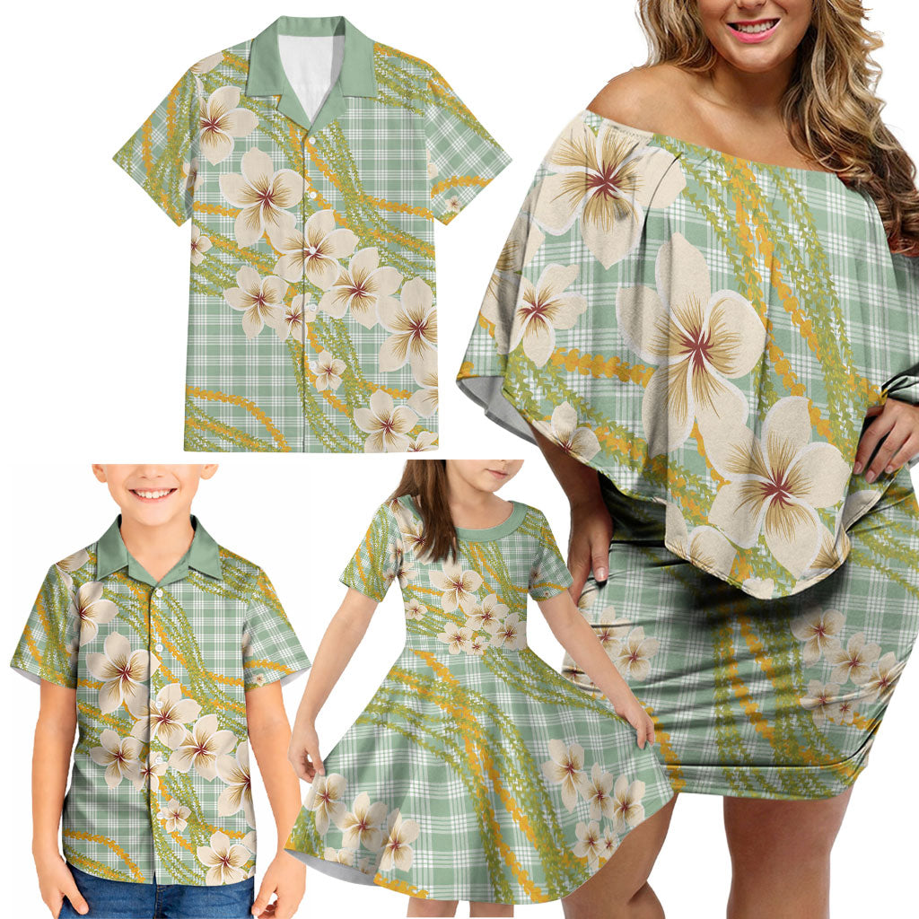 Liko Kukui Hawai'i Palaka Plumeria Family Matching Off Shoulder Short Dress and Hawaiian Shirt Puakenikeni and Maile Lei LT9 - Polynesian Pride