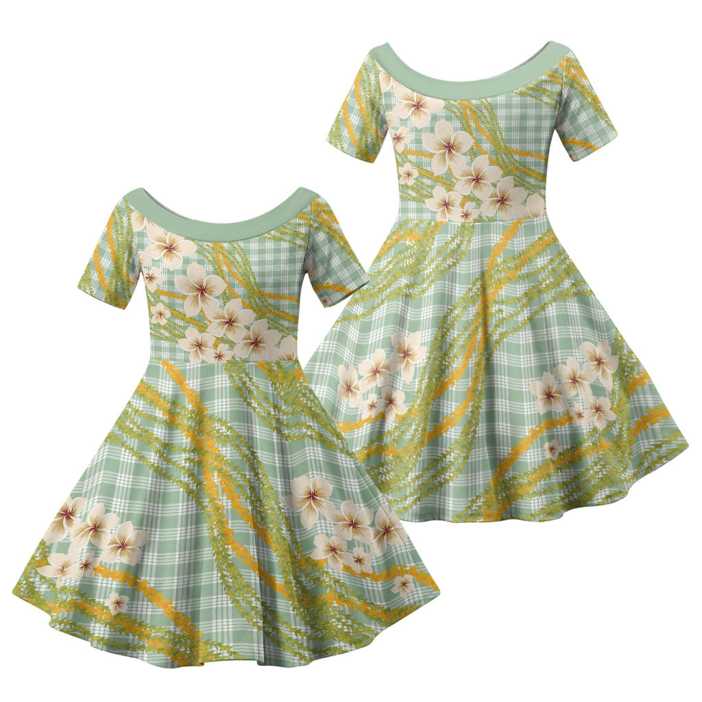 Liko Kukui Hawai'i Palaka Plumeria Family Matching Off Shoulder Short Dress and Hawaiian Shirt Puakenikeni and Maile Lei
