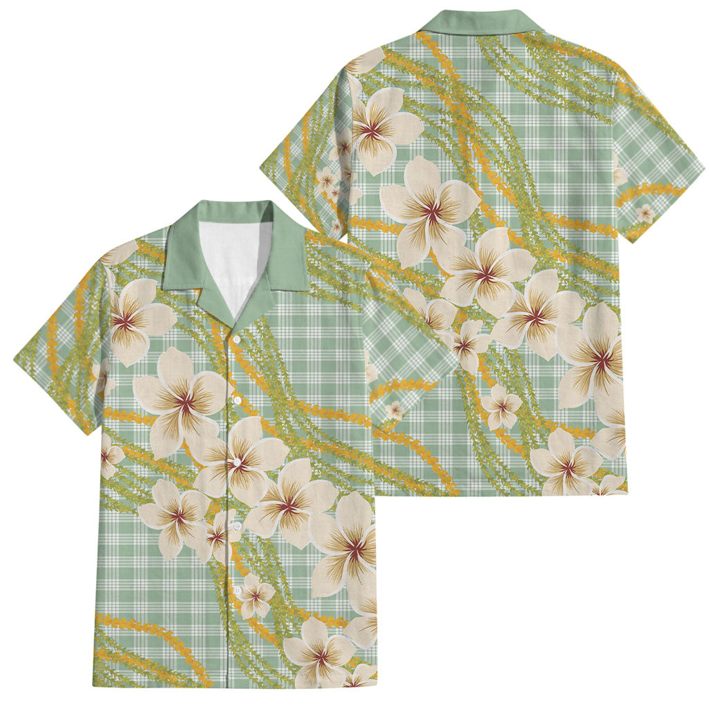 Liko Kukui Hawai'i Palaka Plumeria Family Matching Short Sleeve Bodycon Dress and Hawaiian Shirt Puakenikeni and Maile Lei