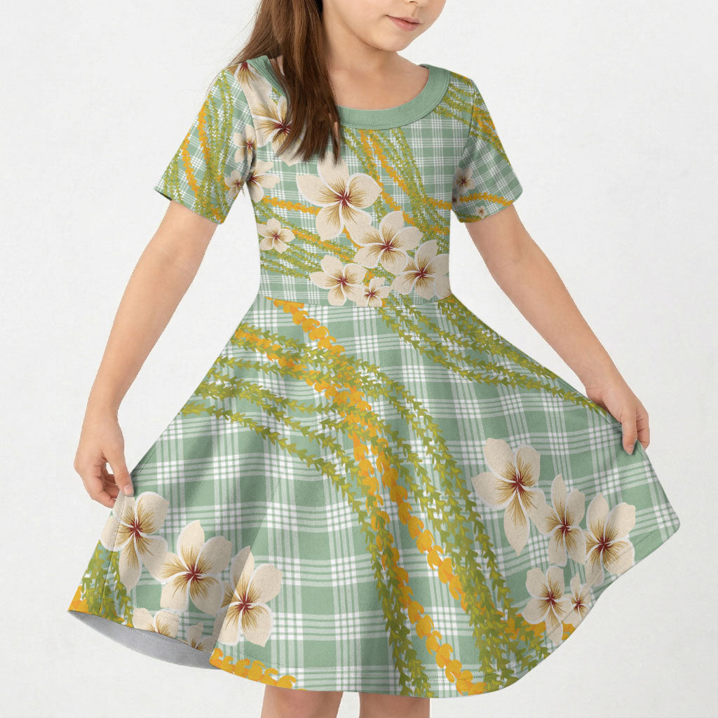 Liko Kukui Hawai'i Palaka Plumeria Kid Short Sleeve Dress Puakenikeni and Maile Lei