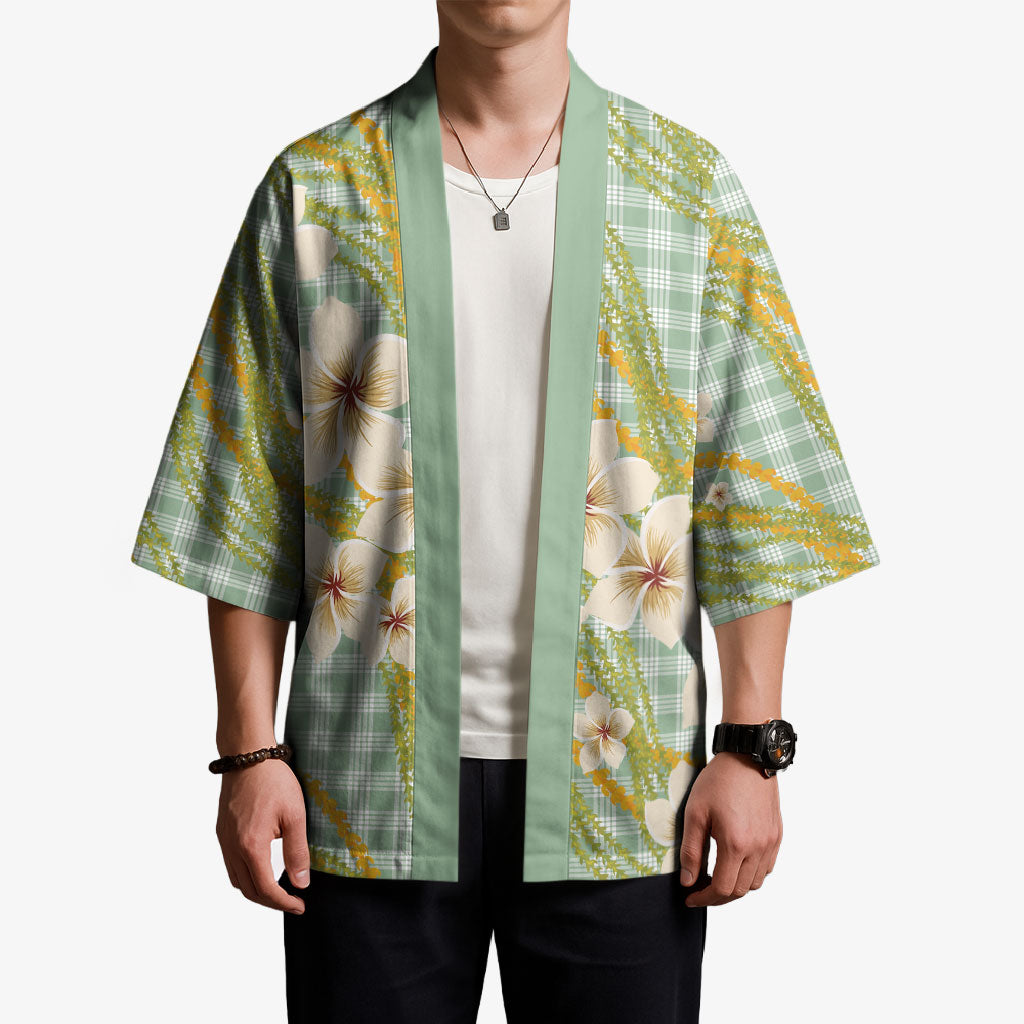Liko Kukui Hawai'i Palaka Plumeria Kimono Puakenikeni and Maile Lei