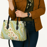 Liko Kukui Hawai'i Palaka Plumeria Leather Bag Puakenikeni and Maile Lei