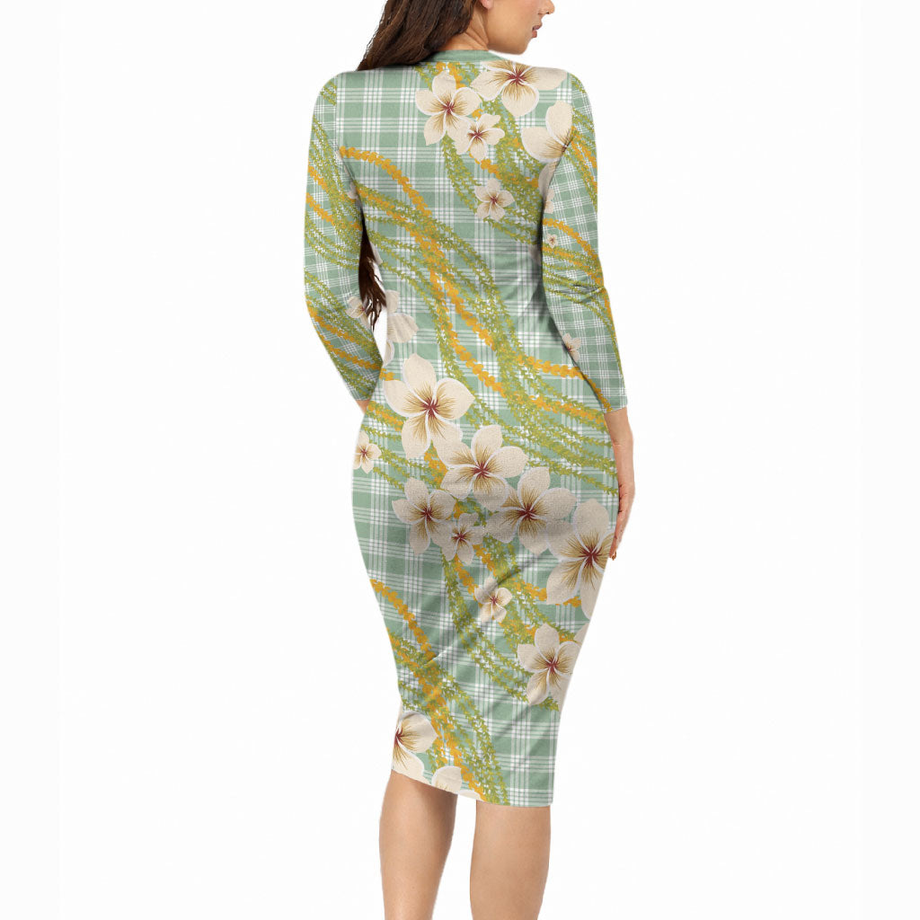 Liko Kukui Hawai'i Palaka Plumeria Long Sleeve Bodycon Dress Puakenikeni and Maile Lei
