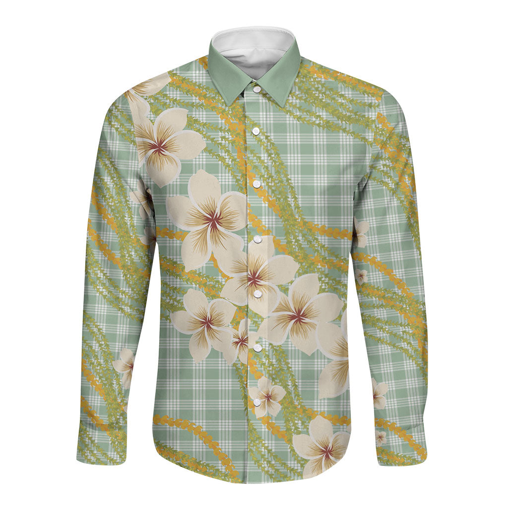 Liko Kukui Hawai'i Palaka Plumeria Long Sleeve Button Shirt Puakenikeni and Maile Lei