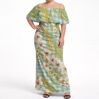 Liko Kukui Hawai'i Palaka Plumeria Off Shoulder Maxi Dress Puakenikeni and Maile Lei