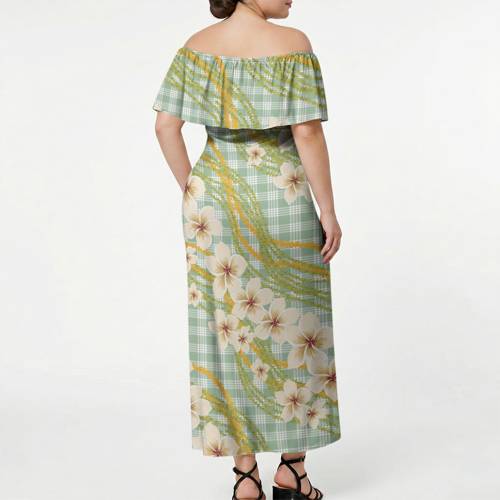 Liko Kukui Hawai'i Palaka Plumeria Off Shoulder Maxi Dress Puakenikeni and Maile Lei