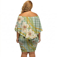 Liko Kukui Hawai'i Palaka Plumeria Off Shoulder Short Dress Puakenikeni and Maile Lei
