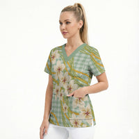 Liko Kukui Hawai'i Palaka Plumeria Scrub Top Puakenikeni and Maile Lei