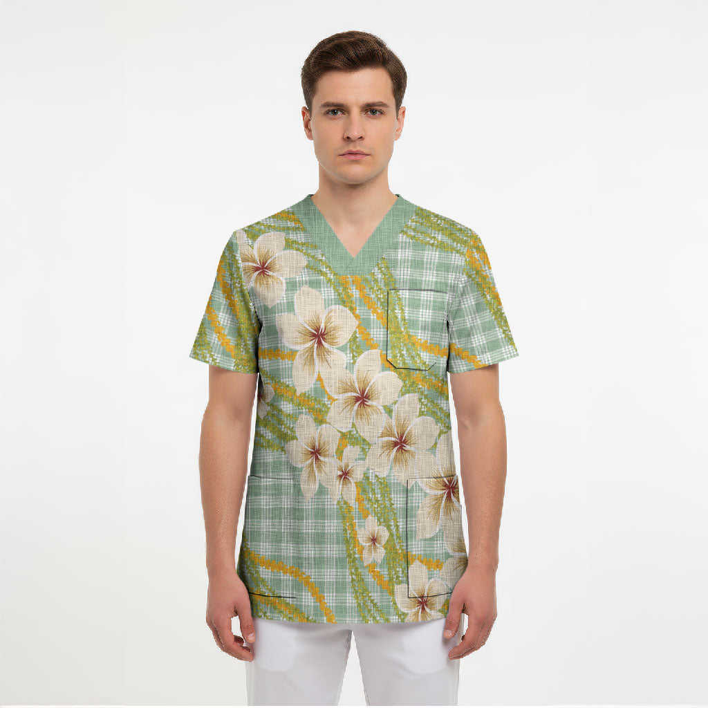 Liko Kukui Hawai'i Palaka Plumeria Scrub Top Puakenikeni and Maile Lei
