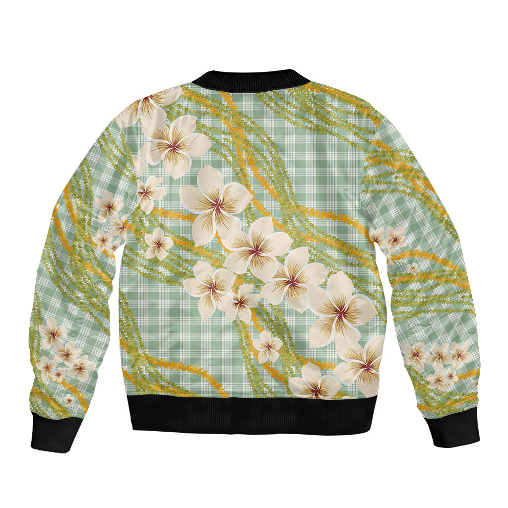 Liko Kukui Hawai'i Palaka Plumeria Sleeve Zip Bomber Jacket Puakenikeni and Maile Lei