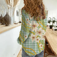 Liko Kukui Hawai'i Palaka Plumeria Women Casual Shirt Puakenikeni and Maile Lei