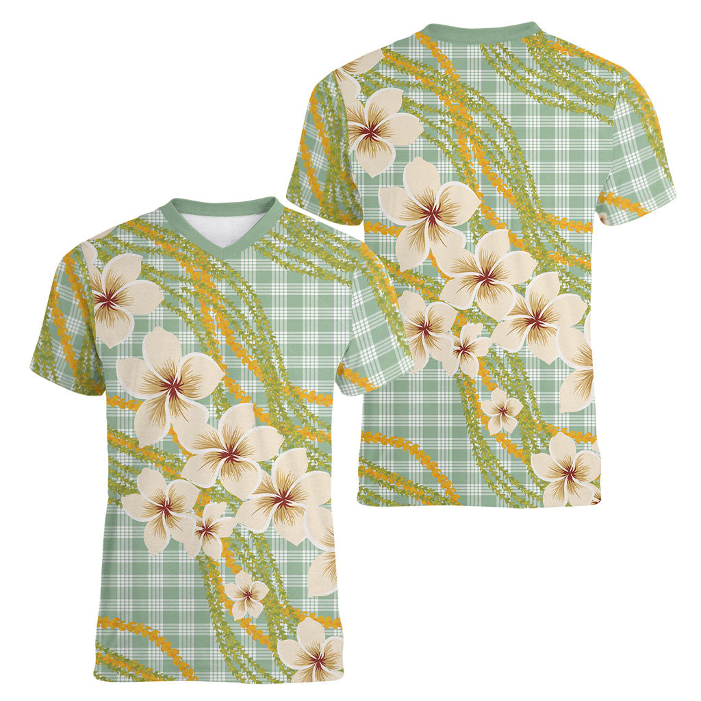 Liko Kukui Hawai'i Palaka Plumeria Women V-Neck T-Shirt Puakenikeni and Maile Lei