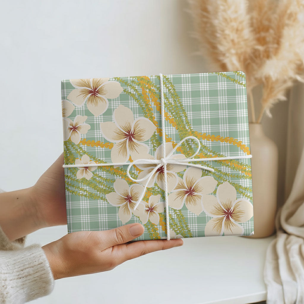 Liko Kukui Hawai'i Palaka Plumeria Wrapping Paper Puakenikeni and Maile Lei
