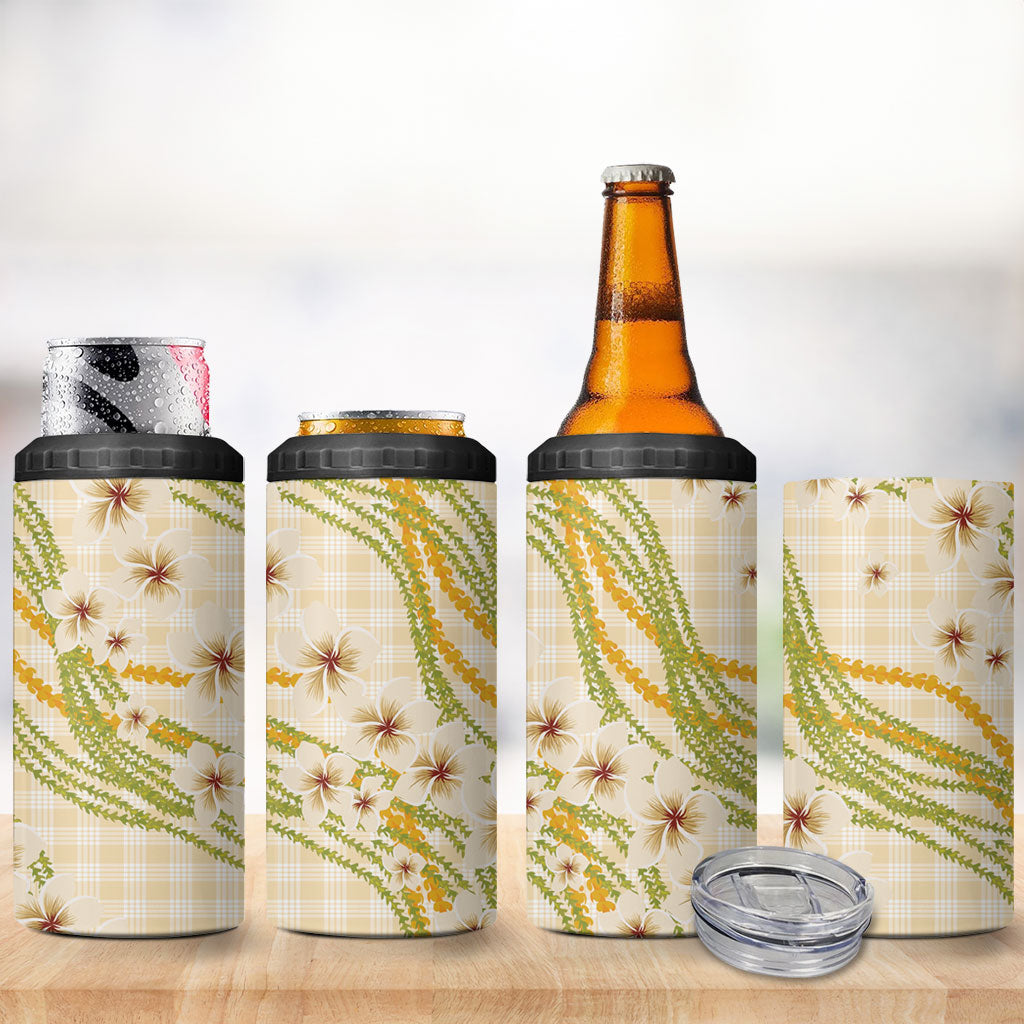 Melemele Ahiahia Hawai'i Palaka Plumeria 4 in 1 Can Cooler Tumbler Puakenikeni and Maile Lei