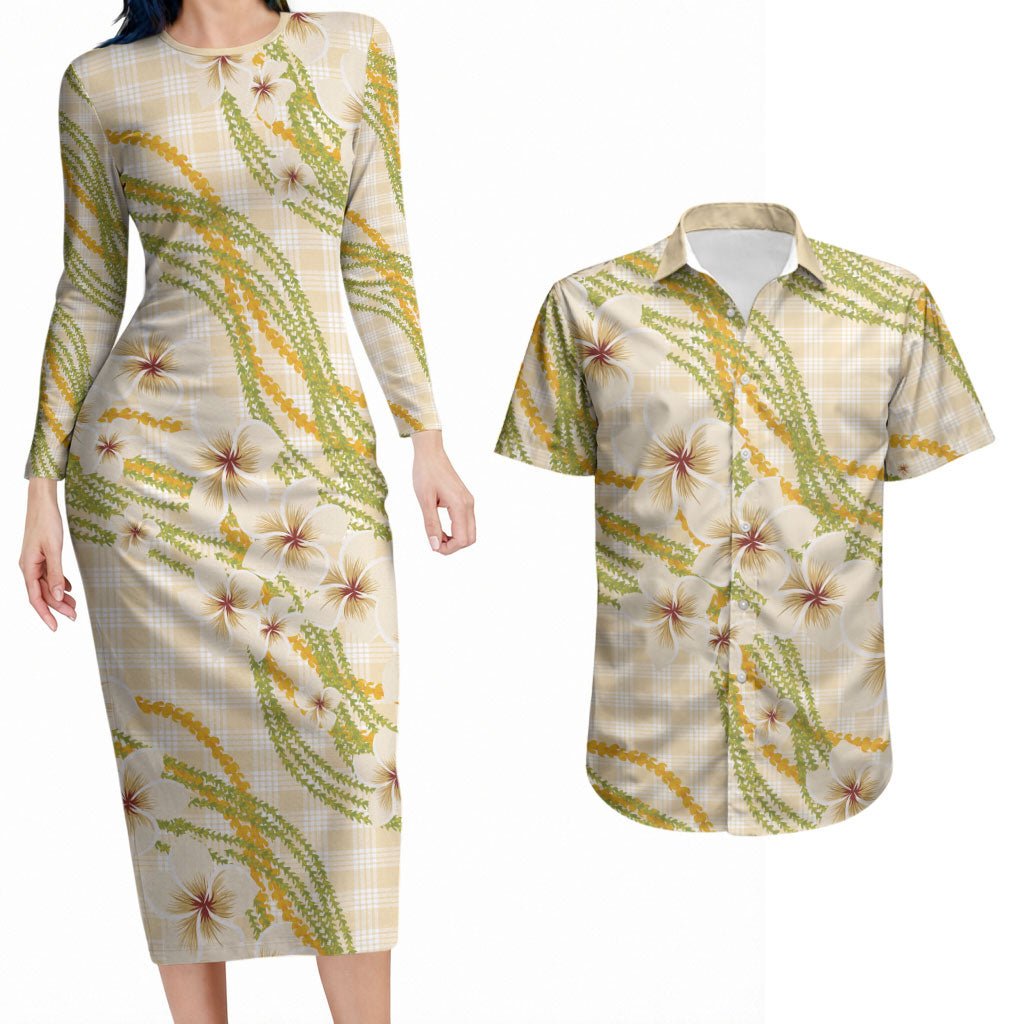 Melemele Ahiahia Hawai'i Palaka Plumeria Couples Matching Long Sleeve Bodycon Dress and Hawaiian Shirt Puakenikeni and Maile Lei