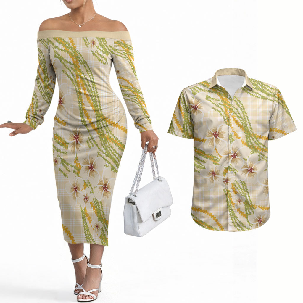 Melemele Ahiahia Hawai'i Palaka Plumeria Couples Matching Off The Shoulder Long Sleeve Dress and Hawaiian Shirt Puakenikeni and Maile Lei LT9 Pastel Yellow - Polynesian Pride