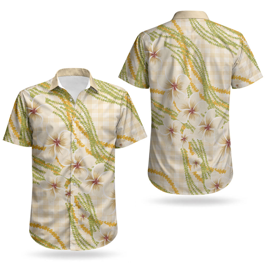 Melemele Ahiahia Hawai'i Palaka Plumeria Couples Matching Off The Shoulder Long Sleeve Dress and Hawaiian Shirt Puakenikeni and Maile Lei