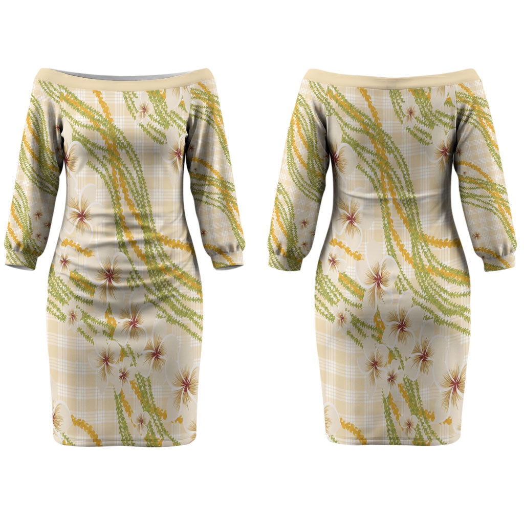 Melemele Ahiahia Hawai'i Palaka Plumeria Couples Matching Off The Shoulder Long Sleeve Dress and Long Sleeve Button Shirt Puakenikeni and Maile Lei