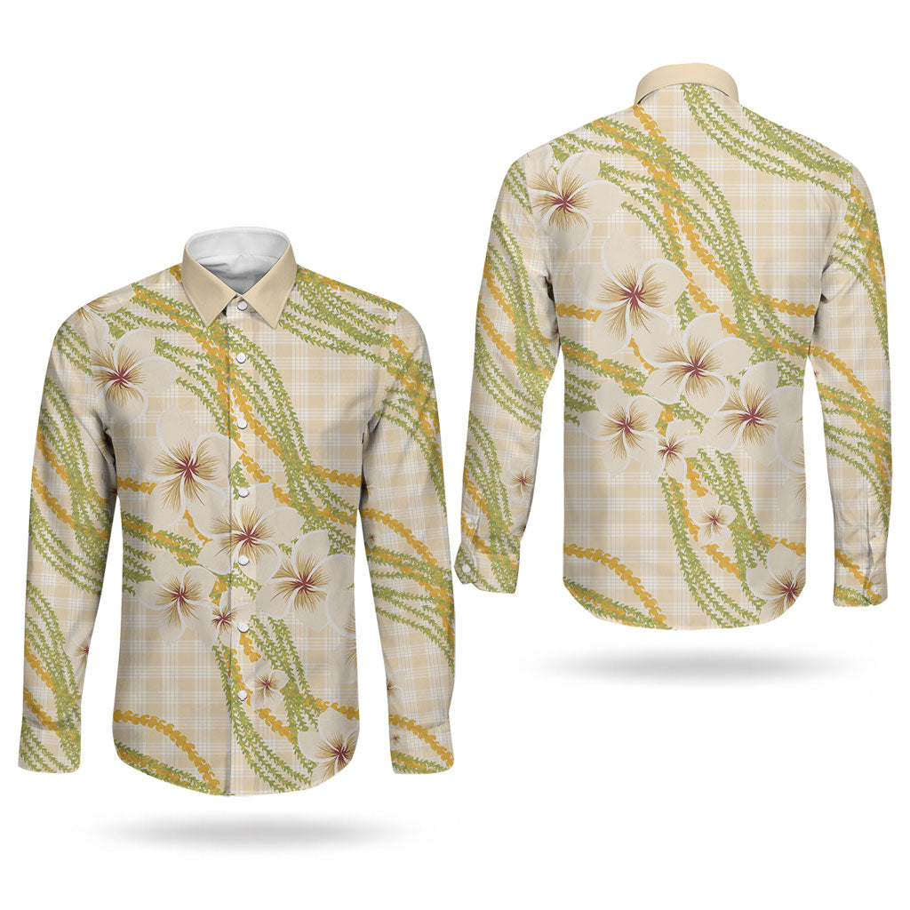Melemele Ahiahia Hawai'i Palaka Plumeria Couples Matching Puletasi and Long Sleeve Button Shirt Puakenikeni and Maile Lei
