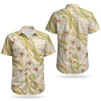 Melemele Ahiahia Hawai'i Palaka Plumeria Couples Matching Short Sleeve Bodycon Dress and Hawaiian Shirt Puakenikeni and Maile Lei