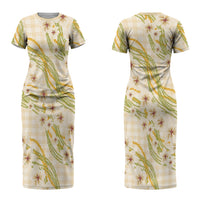 Melemele Ahiahia Hawai'i Palaka Plumeria Couples Matching Short Sleeve Bodycon Dress and Hawaiian Shirt Puakenikeni and Maile Lei