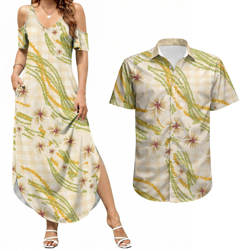 Melemele Ahiahia Hawai'i Palaka Plumeria Couples Matching Summer Maxi Dress and Hawaiian Shirt Puakenikeni and Maile Lei