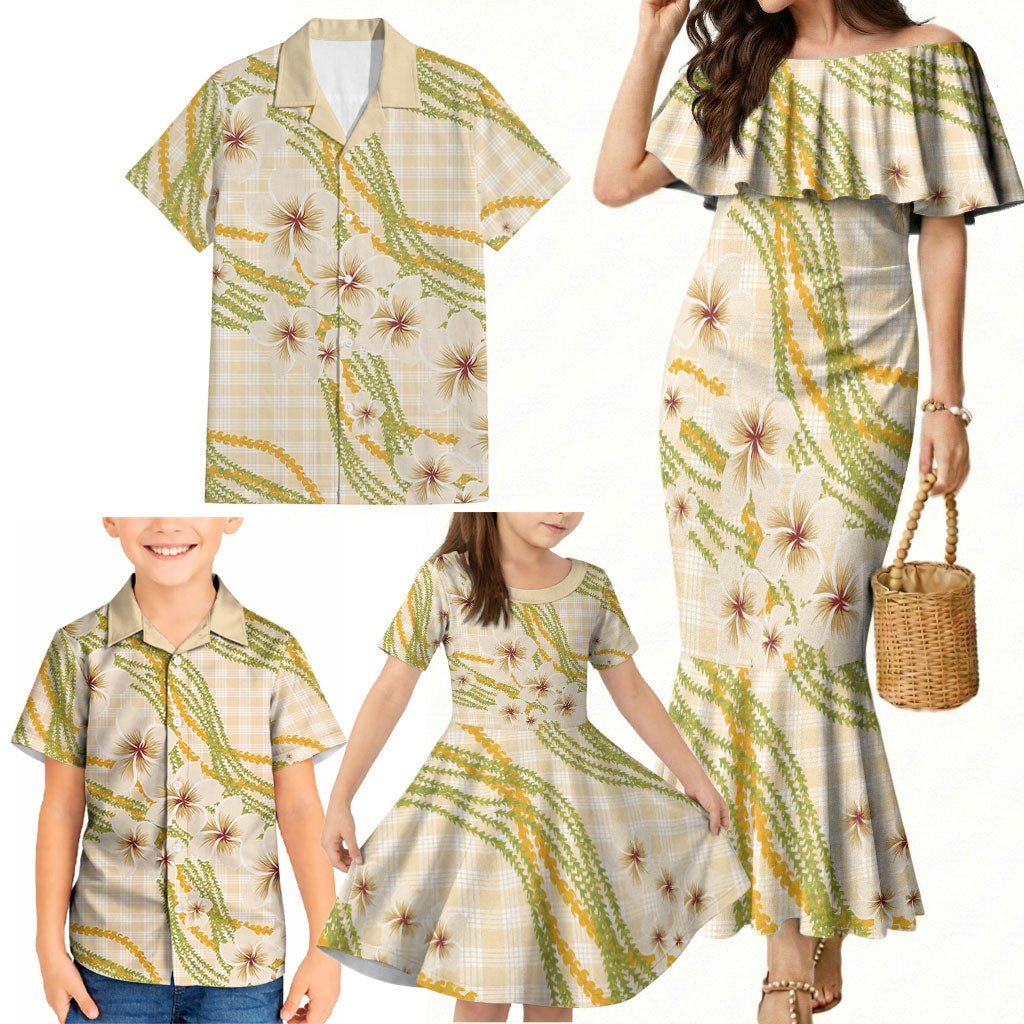 Melemele Ahiahia Hawai'i Palaka Plumeria Family Matching Mermaid Dress and Hawaiian Shirt Puakenikeni and Maile Lei LT9 - Polynesian Pride