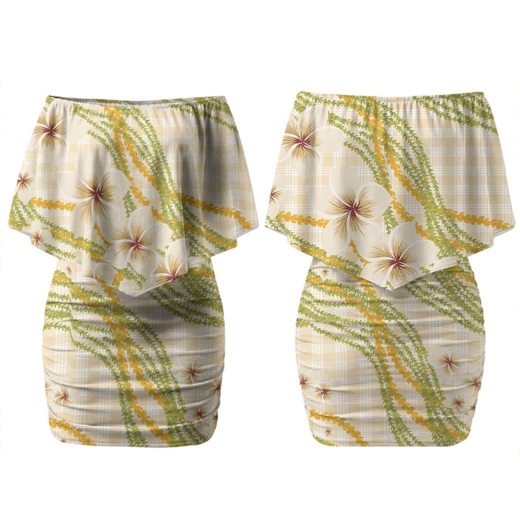 Melemele Ahiahia Hawai'i Palaka Plumeria Family Matching Off Shoulder Short Dress and Hawaiian Shirt Puakenikeni and Maile Lei