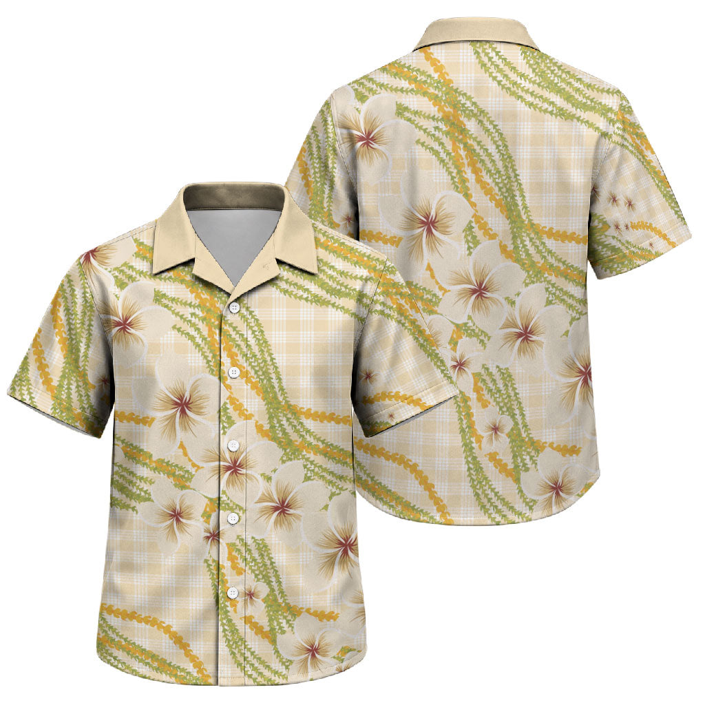 Melemele Ahiahia Hawai'i Palaka Plumeria Family Matching Off Shoulder Short Dress and Hawaiian Shirt Puakenikeni and Maile Lei