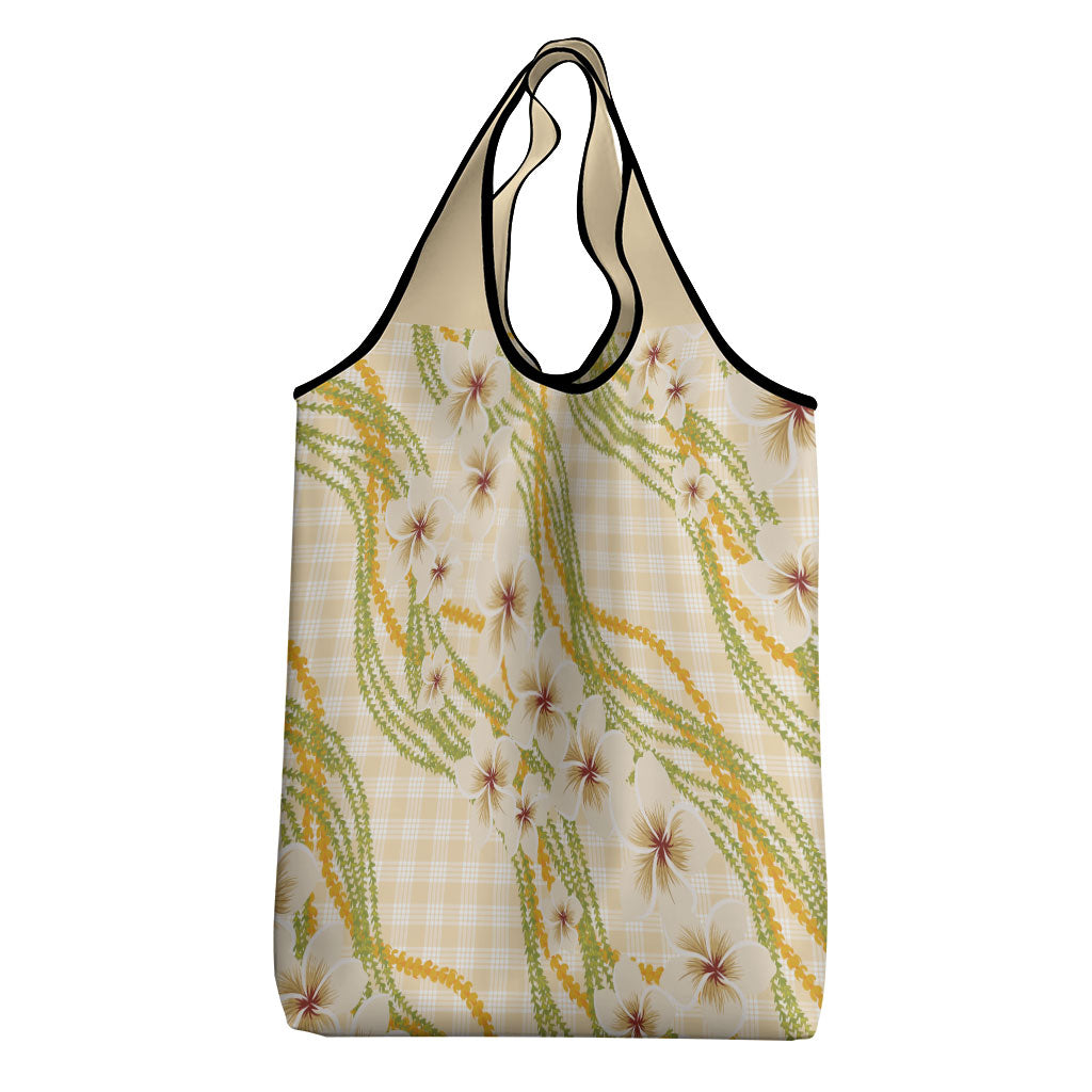 Melemele Ahiahia Hawai'i Palaka Plumeria Grocery Bag Puakenikeni and Maile Lei