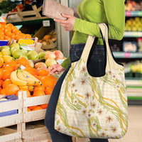 Melemele Ahiahia Hawai'i Palaka Plumeria Grocery Bag Puakenikeni and Maile Lei