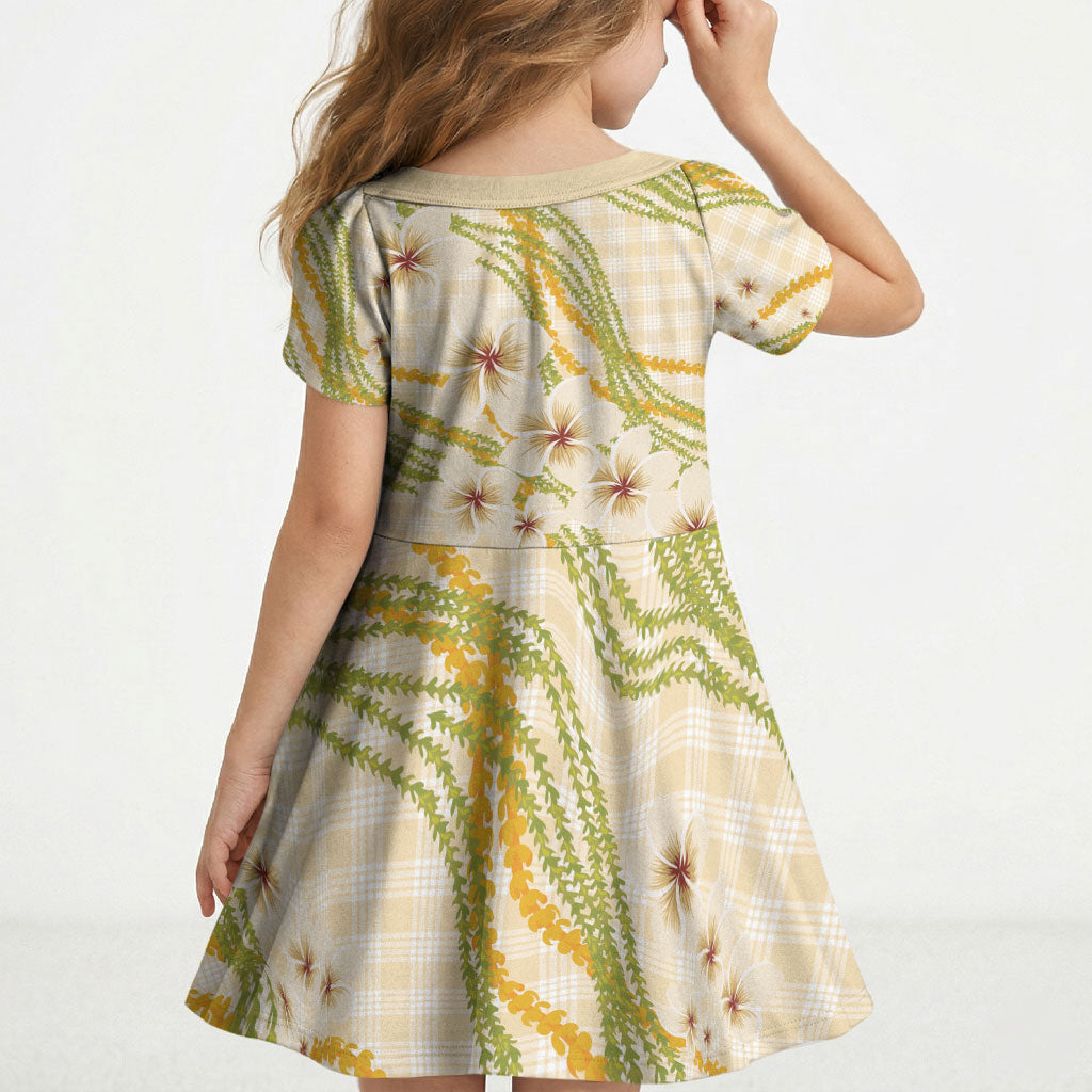 Melemele Ahiahia Hawai'i Palaka Plumeria Kid Short Sleeve Dress Puakenikeni and Maile Lei